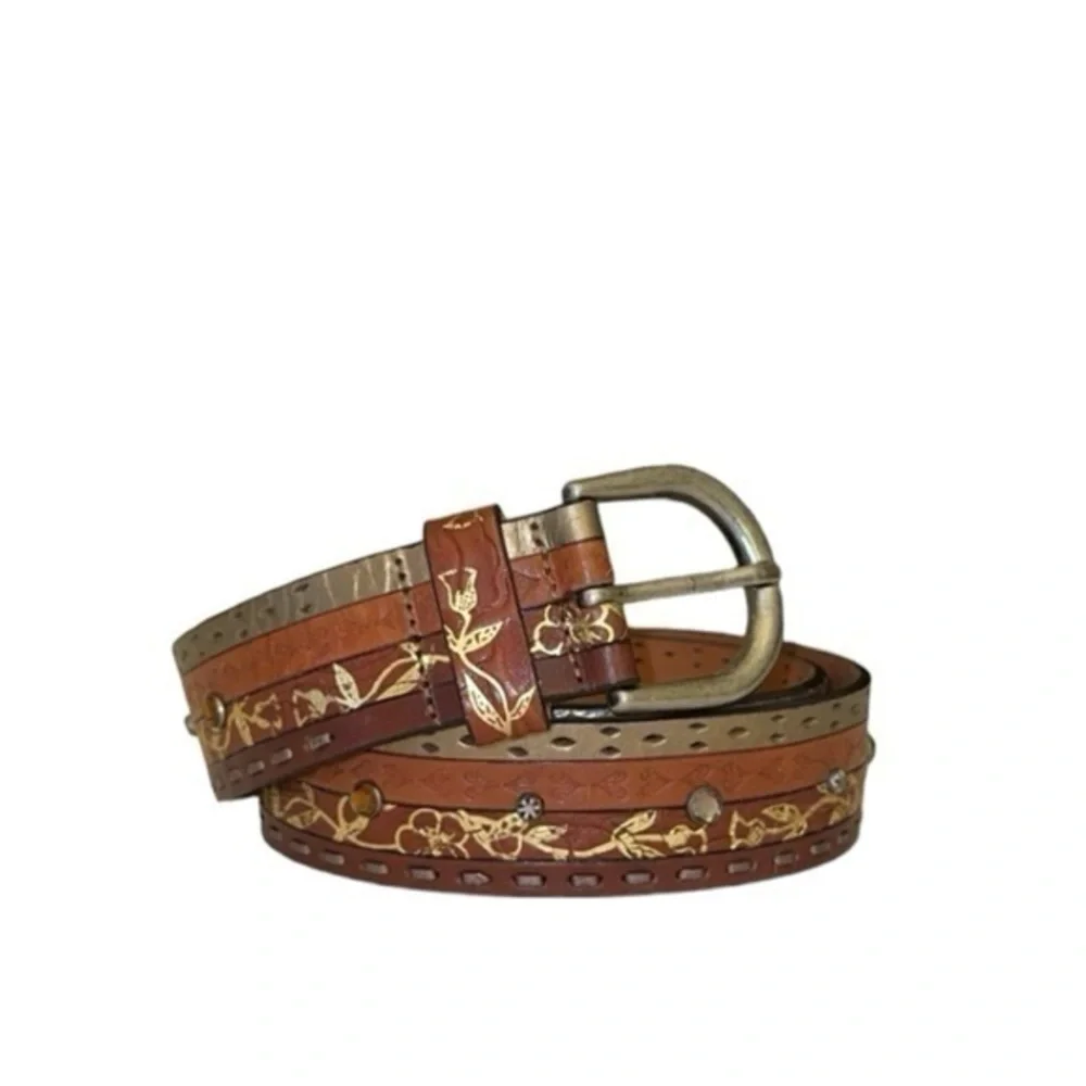 Fossil Brown Leather Embossed Beaded Belt Size Small